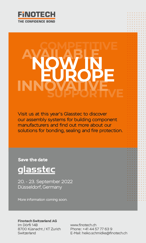 Save the date - Finotech Switzerland at Glasstec 2022 - Düsseldorf, Germany